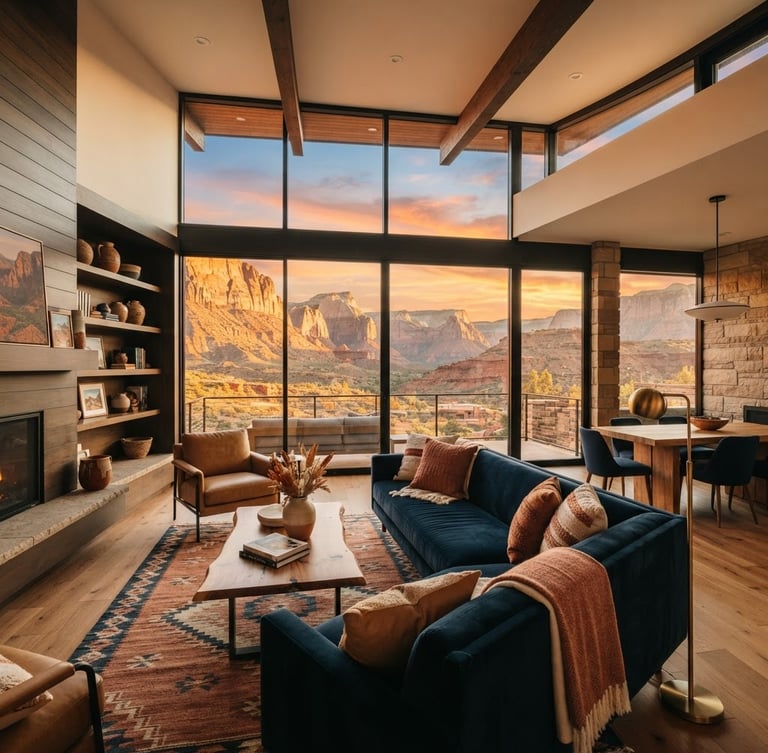 Modern luxury vacation rental interior with large windows framing a panoramic golden-hour view of Zion National Park's red rock landscape, clean lines, warm lighting, cozy seating, empty of people, wide-angle lens.