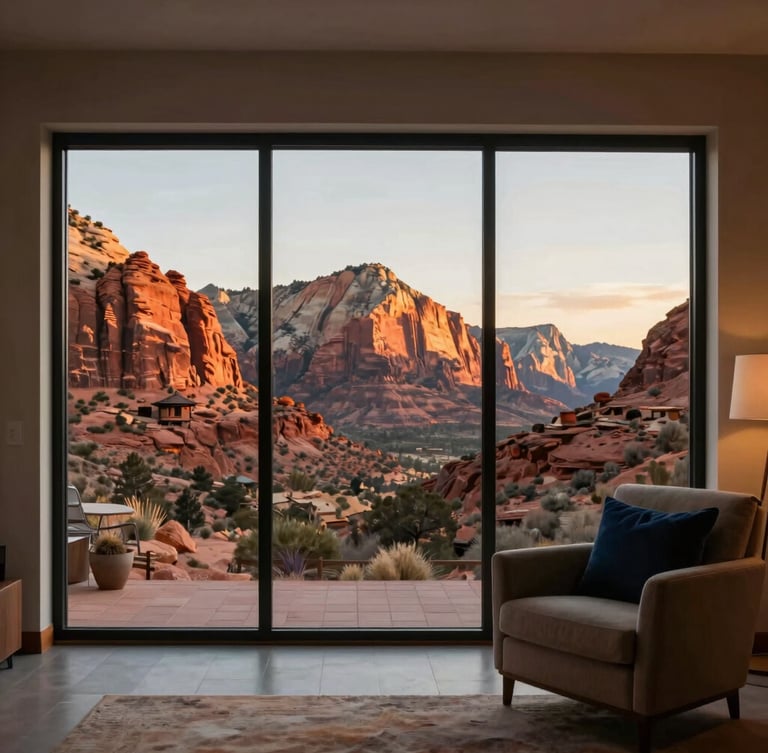 Clean modern interior of a vacation rental, large window framing a stunning golden-hour view of Zion's red rocks, soft light, cozy armchair.