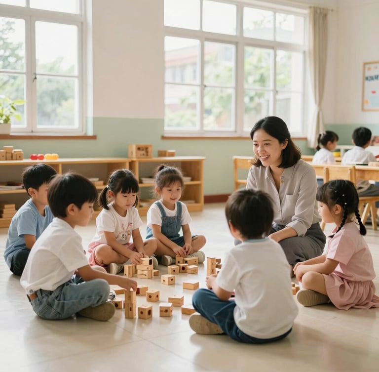 A bright, clean kindergarten classroom in Vietnam with natural daylight flooding through large windows, children playing with wooden blocks on a clean floor, a teacher smiling and sitting at eye level with them.