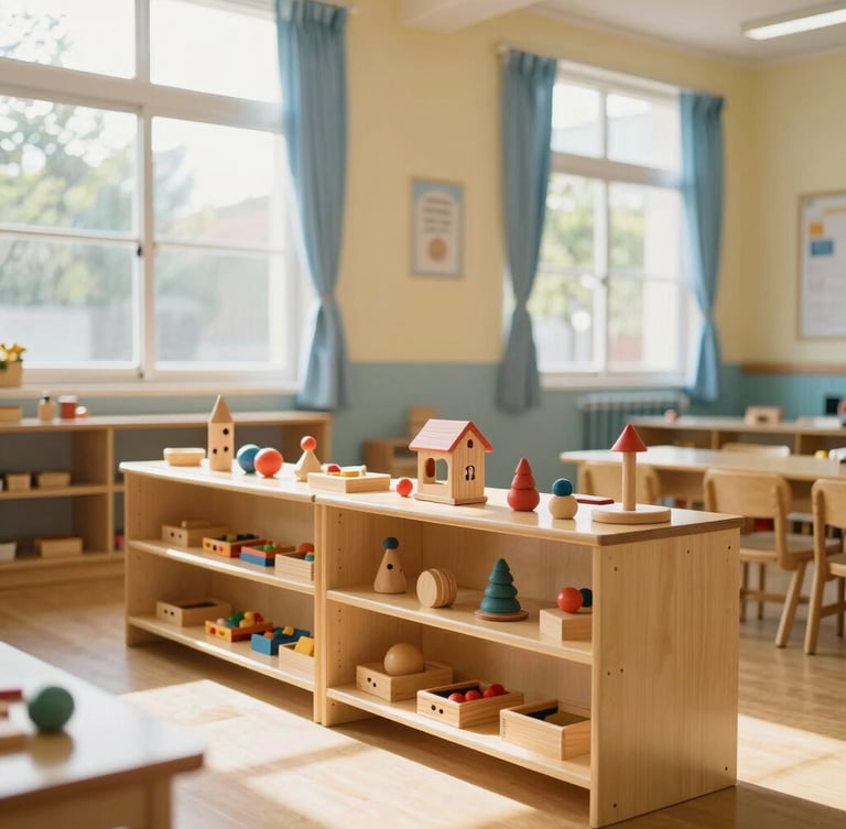 Mid-shot of a bright, clean kindergarten classroom in Vietnam with natural sunlight pouring through large windows, soft yellow and blue accents, children's wooden toys neatly organized on low shelves, no people.