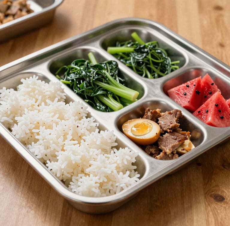 Cận cảnh khay ăn cơm chia ngăn bằng inox sáng bóng dành cho trẻ em, xếp đầy đủ cơm trắng, canh rau cải xanh, thịt kho trứng vàng óng và dưa hấu đỏ tráng miệng đặt trên bàn ăn gỗ sáng màu.