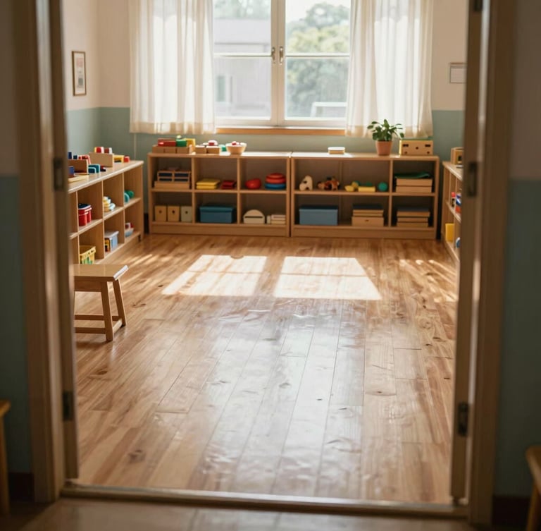 Góc nhìn rộng từ cửa vào lớp học mầm non sạch sẽ, sàn gỗ sáng bóng, các kệ đồ chơi xếp ngăn nắp, ánh nắng ban mai dịu nhẹ chiếu qua rèm cửa.