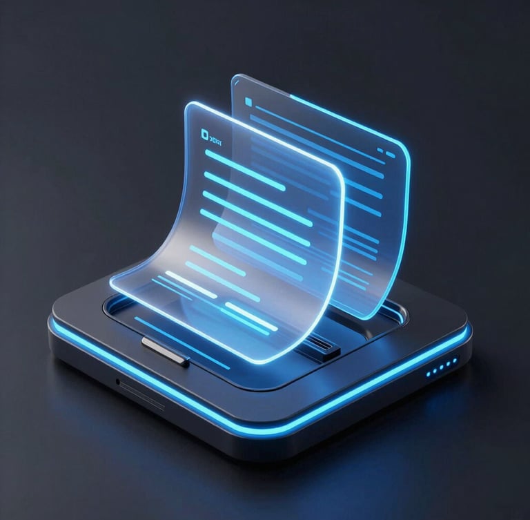 Sleek 3d render of a futuristic digital document compiler, glowing neon sheets sliding into a holographic binder, dark mode interface, electric blue accents, isometric view