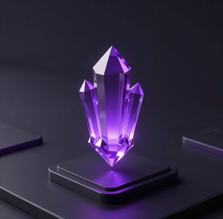 Sleek 3D render of a glowing violet crystal node floating over a dark-mode minimalist interface, soft ambient glow, high-contrast futuristic tech aesthetic