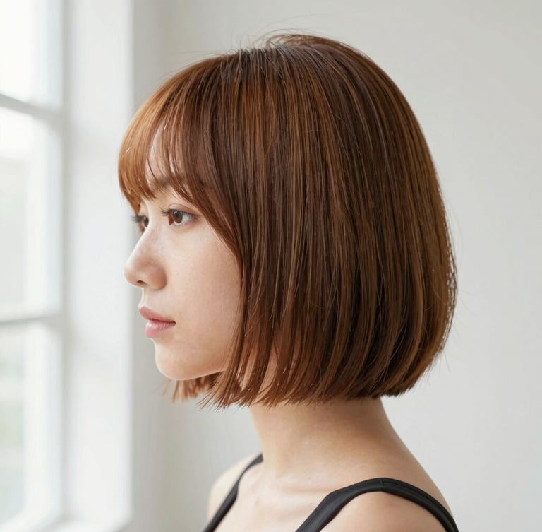 Crisp editorial profile showing a sharp bob cut with precise caramel color gradients under soft natural daylight, clean studio background.