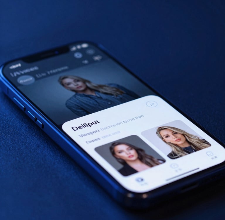 Close-up of a high-end smartphone running a sleek live streaming app interface, cool blue ambient light, rich screen glow, shallow depth of field