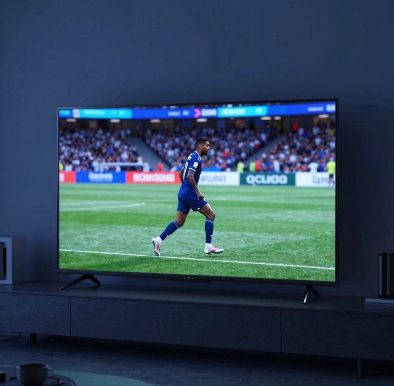 Sleek modern television screen displaying vibrant live sports in a cool-toned contemporary living room, subtle blue ambient light, shallow depth of field