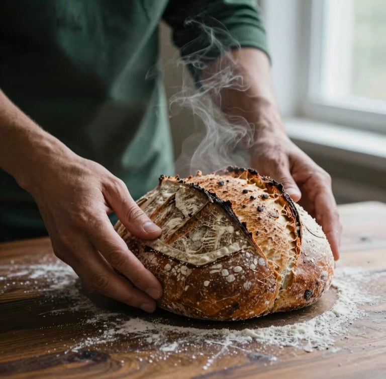 Close-up of hands pulling apart a fresh, steaming loaf of rustic sourdough bread on a dark wooden table, flour dusting the air, soft natural side light, warm moody tones, 35mm photography