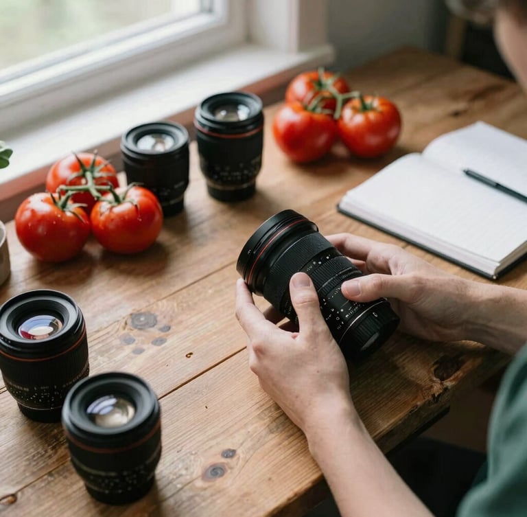 Overhead 35mm shot of a rustic wooden workshop table, hands organizing camera lenses, fresh tomatoes, and a notebook, soft natural light from the side, cozy scandinavian aesthetic