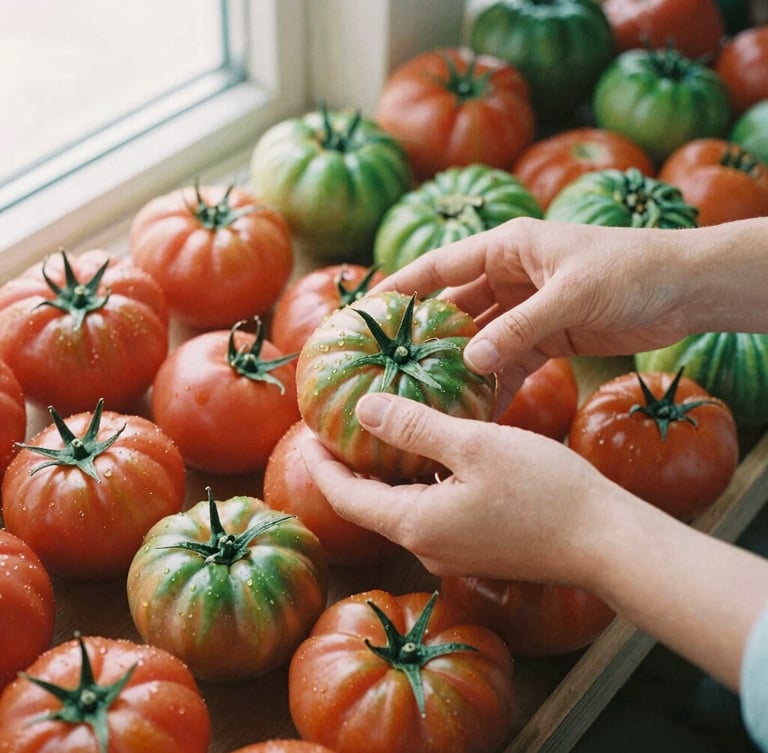 Overhead shot of a vibrant farmers market stall, hands arranging heirloom tomatoes, soft natural overcast daylight, warm editorial 35mm photography