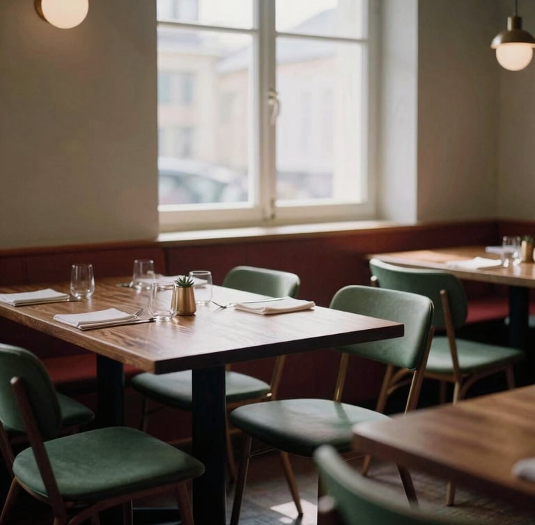 Cozy Scandinavian-style restaurant dining room with soft, diffused natural window light casting moody shadows across dark wood tables and minimalist green chairs.