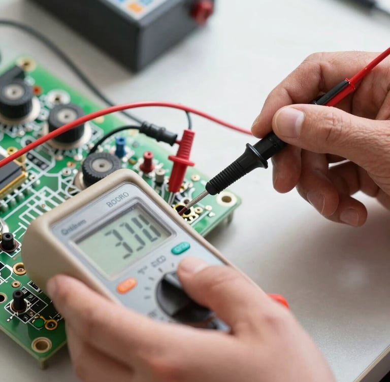 Macro close-up of a technician's hands using a digital multimeter to measure voltage on an open electric gate control board, bright California daylight.