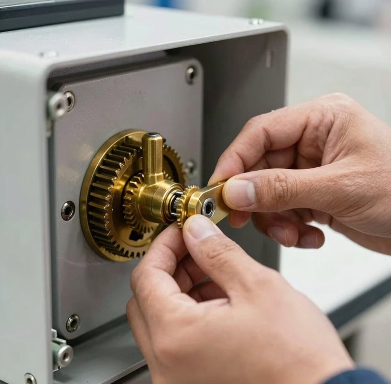 Macro-detail of a technician's hand adjusting the brass limit switch gears inside an open electric gate operator housing, bright daylight, high contrast.