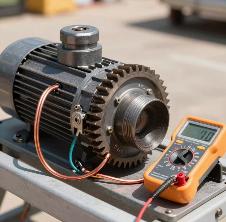 Macro shot of heavy automatic gate motor gears, clean copper wiring harness, and a professional digital multimeter measuring circuit voltage in bright California daylight.