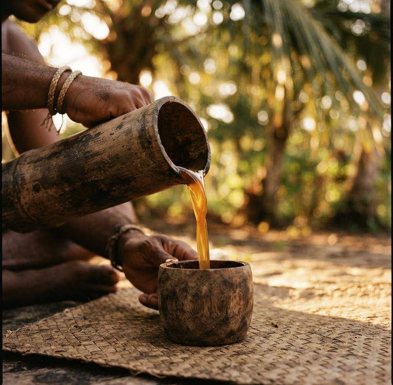 Close-up of golden amber Moke liquid being poured from a traditional bamboo vessel into a small wooden cup, warm golden hour light filtering through palm leaves, shallow depth of field, 35mm film style