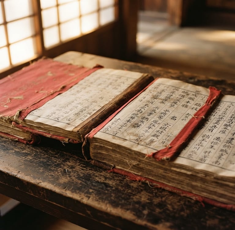 Close-up of ancient handwritten family lineage ledgers bound in red cloth, resting on a wooden table, warm morning light filtering through a temple window