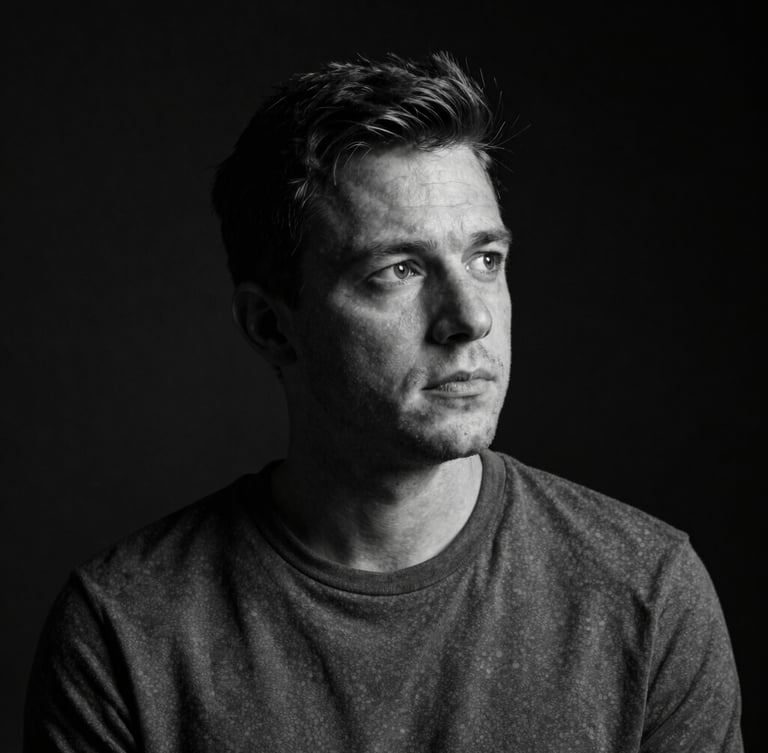 High-contrast black-and-white portrait of Russell James in low-key chiaroscuro lighting, looking thoughtful against a dark background.