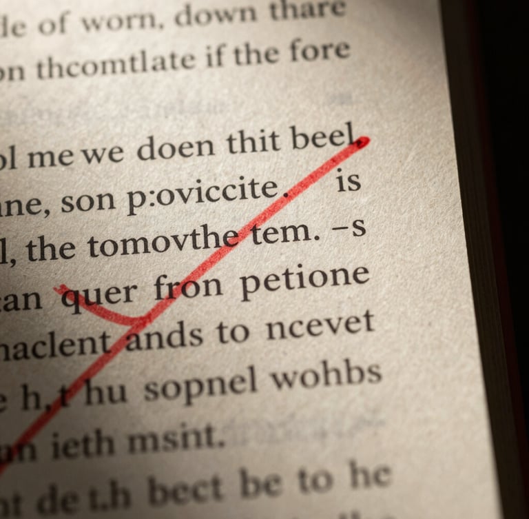Extreme macro close-up of a screenplay page margin, heavy cream paper texture, dramatic red ink annotations crossing out dialogue, low-key chiaroscuro lighting, deep shadows.