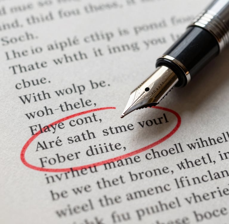 Extreme close-up macro shot of a typed screenplay page, a vintage fountain pen resting on the paper, vivid red ink annotations circling a block of dialogue, high-contrast chiaroscuro lighting.