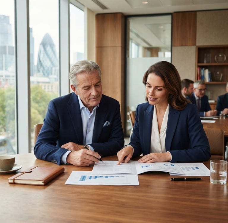A thoughtful environmental portrait of an elegant senior founder in his late 60s and his professional daughter in her late 30s reviewing documents together in a modern, sunlit boardroom with warm wood accents, editorial corporate photography style.