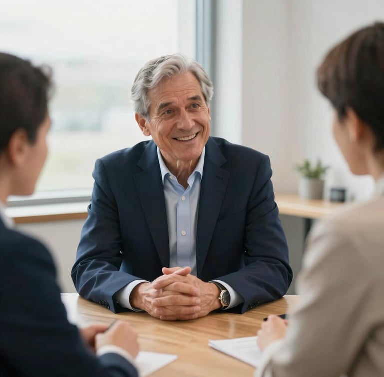 Medium environmental portrait of a senior advisor in a deep navy suit talking warmly with next-generation business leaders in a bright office, soft window lighting, shallow depth of field.