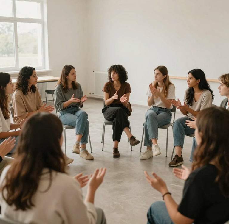 Warm editorial documentary photograph of diverse young women and men in a bright, modern community hall, actively engaged in a group discussion, hands gesturing, soft natural overcast light, muted earthy tones, 35mm lens.