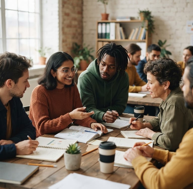 Candid medium shot of diverse youth and women engaged in a collaborative training session, hands sharing materials on a table, soft natural overcast light, muted earthy tones, 35mm lens, subject off-center to the left