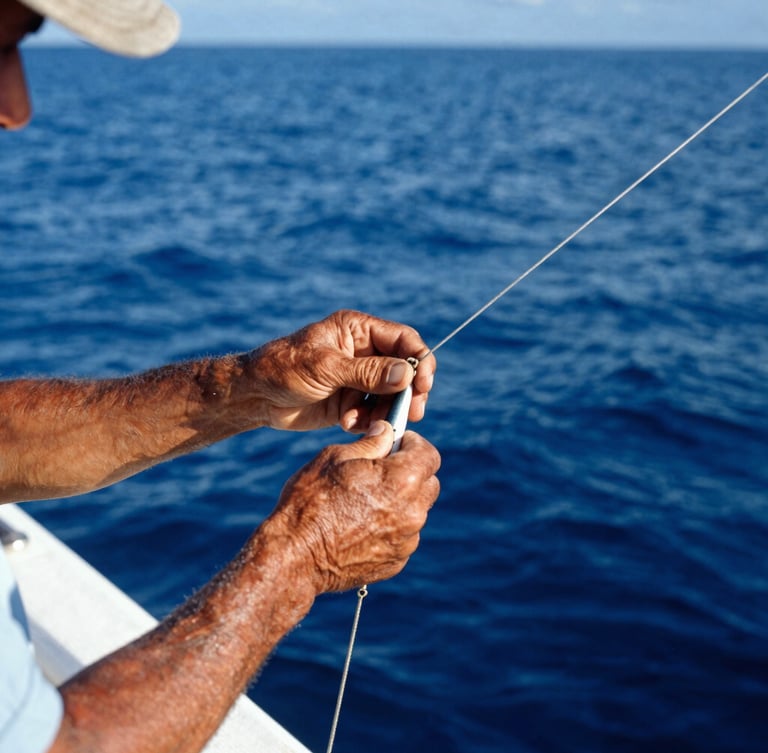 Close-up of a seasoned Costa Rican captain's weathered hands rigging a lure on a boat deck, bright morning sun, deep blue water in background, 35mm