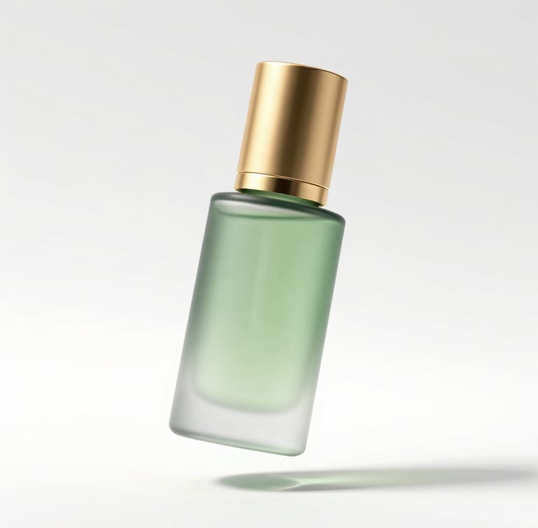 A premium 3D product render of a frosted light-green serum bottle with a liquid gold cap, floating under bright clinical studio lighting with soft shadows and luminous gold reflections on a pure white background.