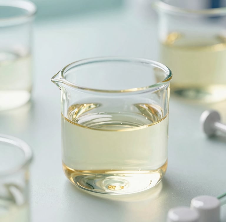 Close-up of high-tech laboratory glassware containing clear active gels, soft golden reflections, clean clinical environment, ultra-sharp focus