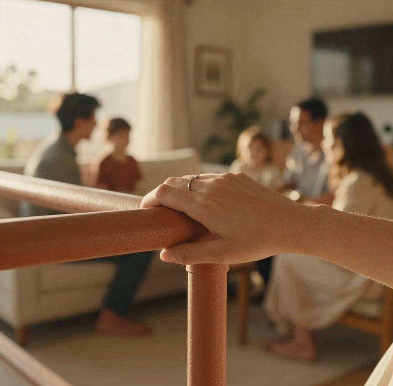 Close-up of a hand with wedding ring holding a textured terracotta-toned safety rail firmly, warm cinematic golden-hour light, soft focus background of a cozy modern home, 35mm