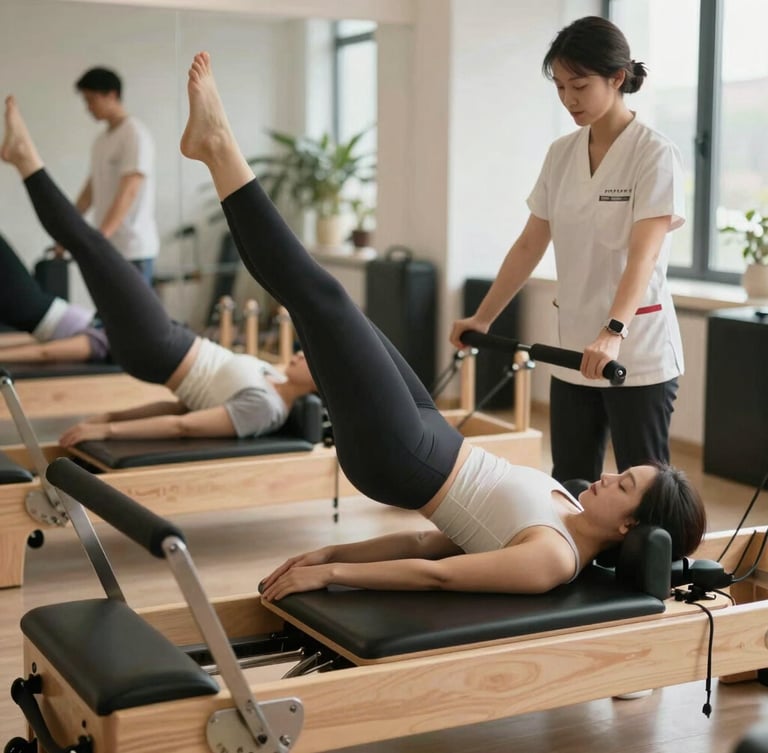 Geniş ve aydınlık pilates stüdyosunda, ahşap reformer cihazı üzerinde fizyoterapistin gözetiminde kontrollü hareket yapan bir üye, doğal gün ışığı, steril klinik atmosfer.
