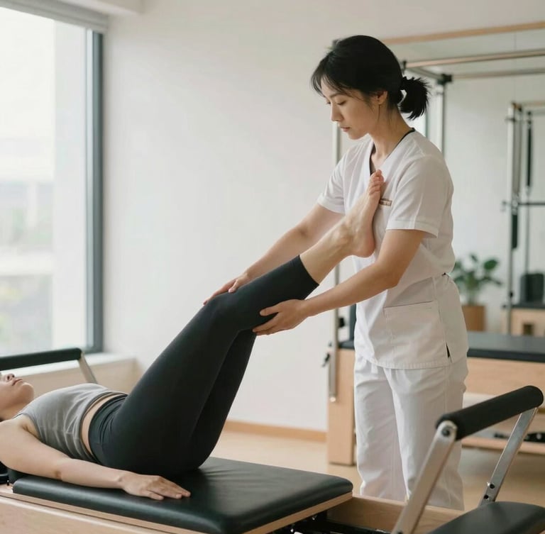 Minimalist clinical pilates studio, a physiotherapist in a clean uniform guiding a client's leg alignment on a reformer machine, bright natural daylight, focus on posture correction.
