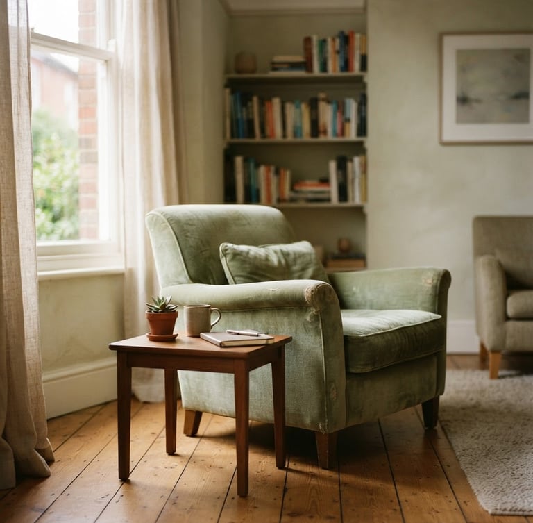 Close-up environmental portrait of a therapist's empty consulting room, warm indirect window light illuminating a soft green armchair, shallow depth of field, 35mm style