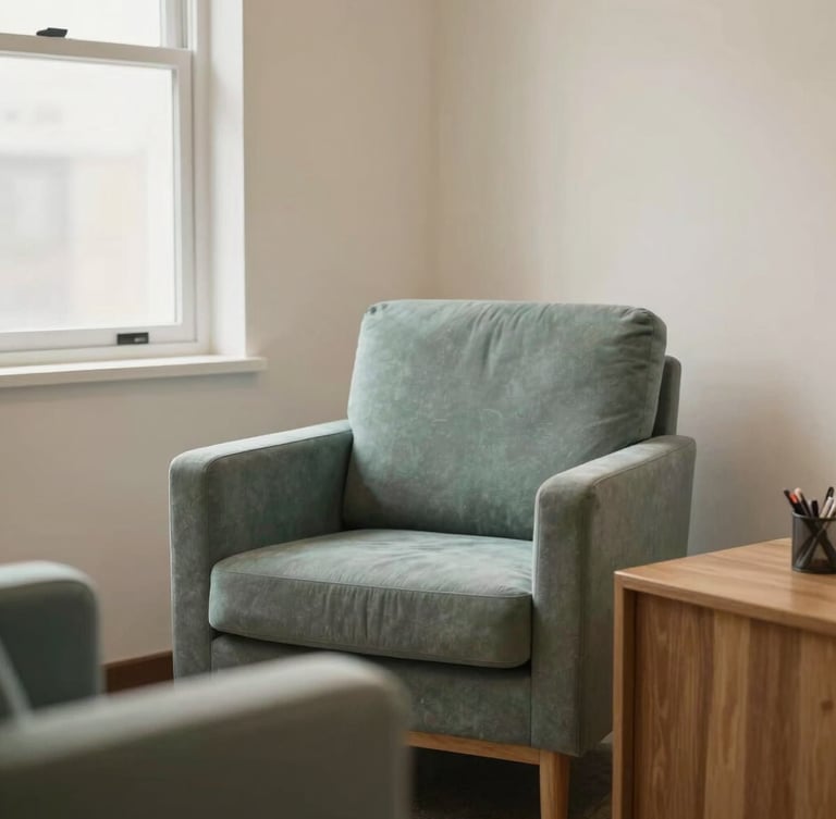 A clean, organized therapist consulting room, warm indirect light illuminating an empty armchair and a wooden side table, calm professional atmosphere