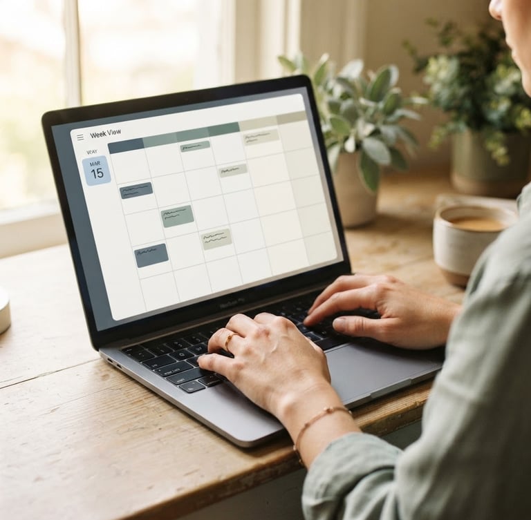Close-up of hands typing on a laptop showing a clean digital calendar interface, warm natural window light, muted slate tones, shallow depth of field