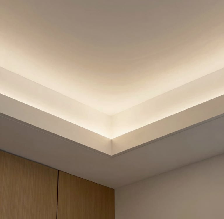 Close-up of a flawless white plaster gypsum ceiling joint, warm architectural LED light casting soft shadows, clean lines, professional craftsmanship, macro photography.