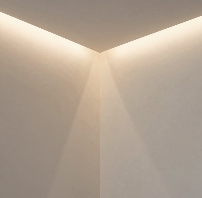 Close-up of a flawless gypsum wall corner, crisp architectural lines, warm natural light and soft shadows, elegant micro-cement texture, clean minimalist design