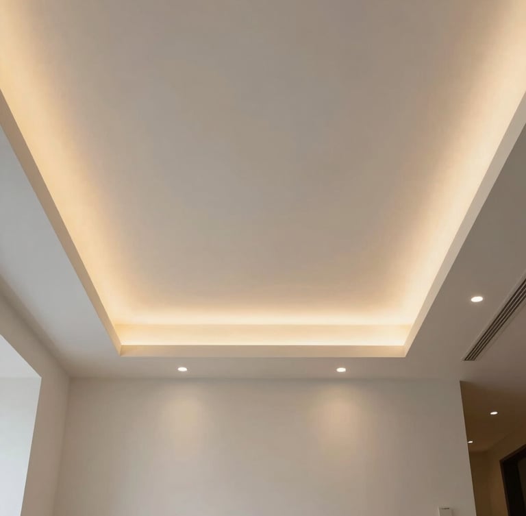Symmetrical modern living room interior looking up at a tiered gypsum ceiling with soft golden indirect LED lighting, clean white plaster, minimalist architecture, 35mm
