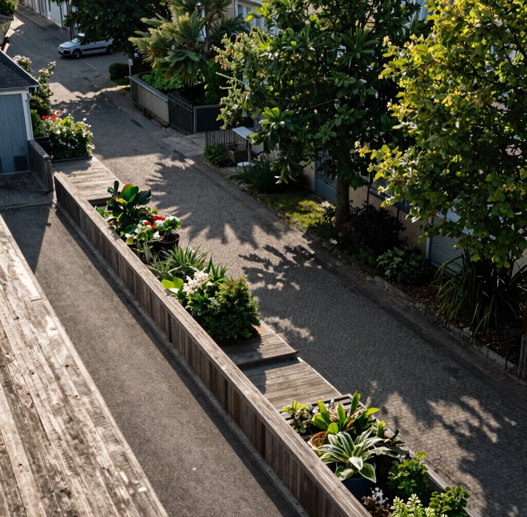 Vue aérienne rasante d'un quartier résidentiel de Nancy, mise au point sur des terrasses en bois et des allées pavées impeccables entourées de verdure sous un soleil de fin d'après-midi.
