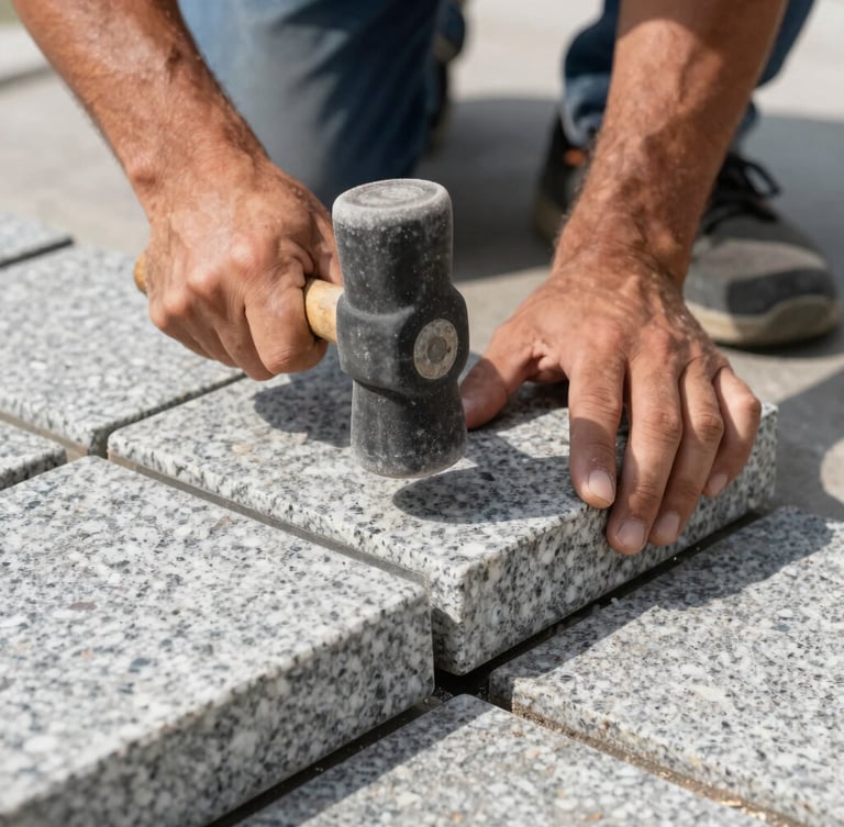 Close-up of a worker's hands placing a granite paving stone with a rubber mallet, crisp joints, sharp alignment, bright natural daylight.
