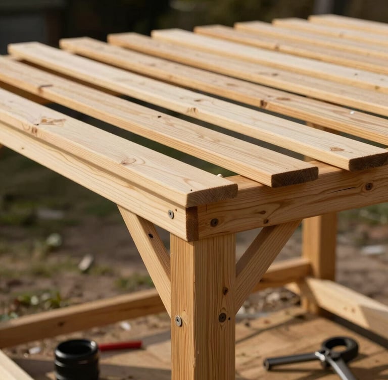 Gros plan sur l'assemblage précis d'une pergola en bois de mélèze, veines du bois visibles sous une lumière naturelle vive, outils de charpente posés à côté