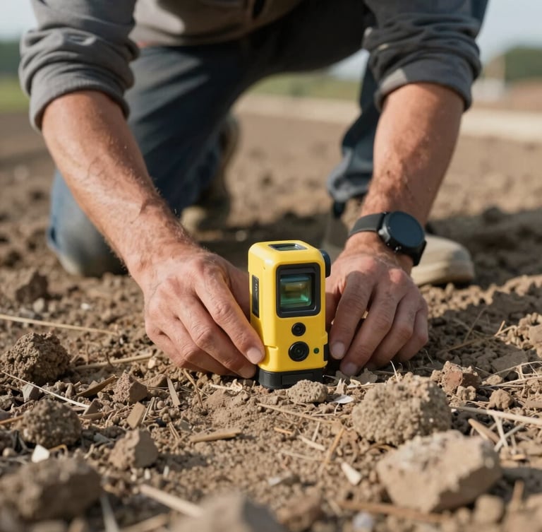 Vue rapprochée d'un artisan mesurant un terrain extérieur avec un niveau laser de chantier, sol en terre propre, lumière naturelle du matin.