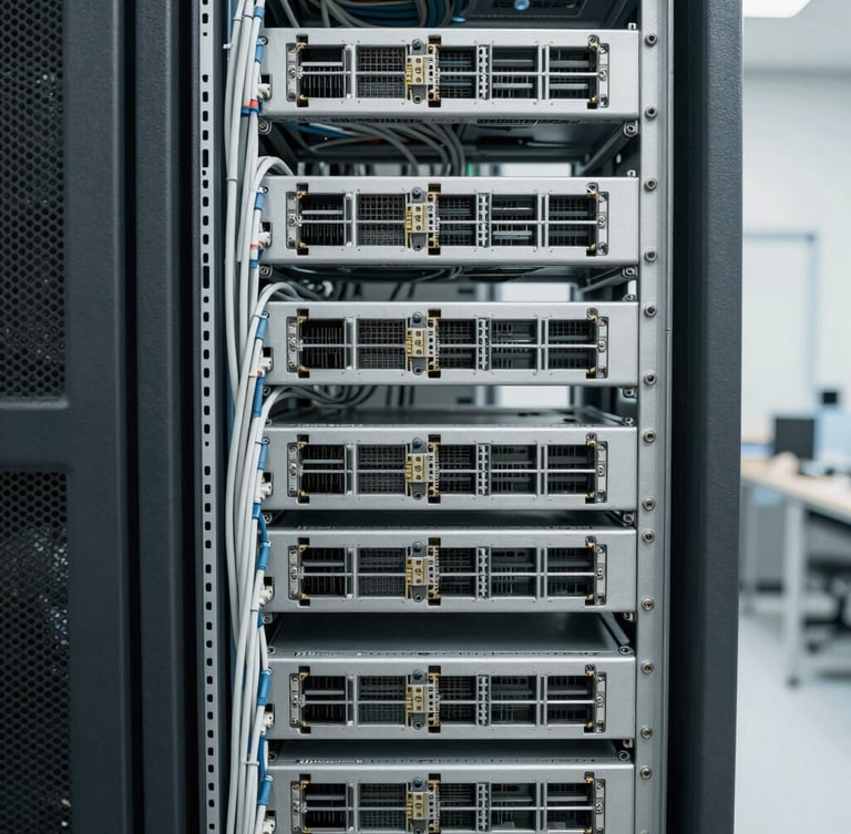 Straight-on close-up of neatly organized network cabling and stacked enterprise servers in a bright, clean staging facility, desaturated cool tones