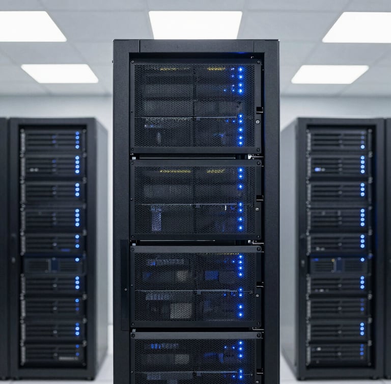 Straight-on architectural shot of neatly stacked enterprise server racks in a modern data center, glowing blue indicator lights, clean white overhead lighting, desaturated cool tones