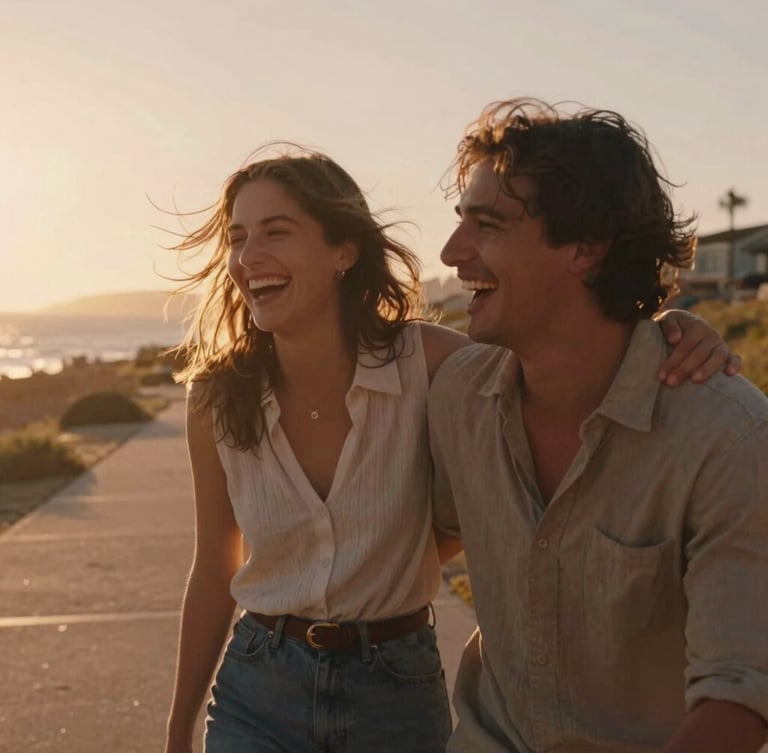 A couple laughing candidly on a sun-drenched coastal path, wind-blown hair, warm backlighting, cinematic 35mm film aesthetic, bleeding to the left edge.