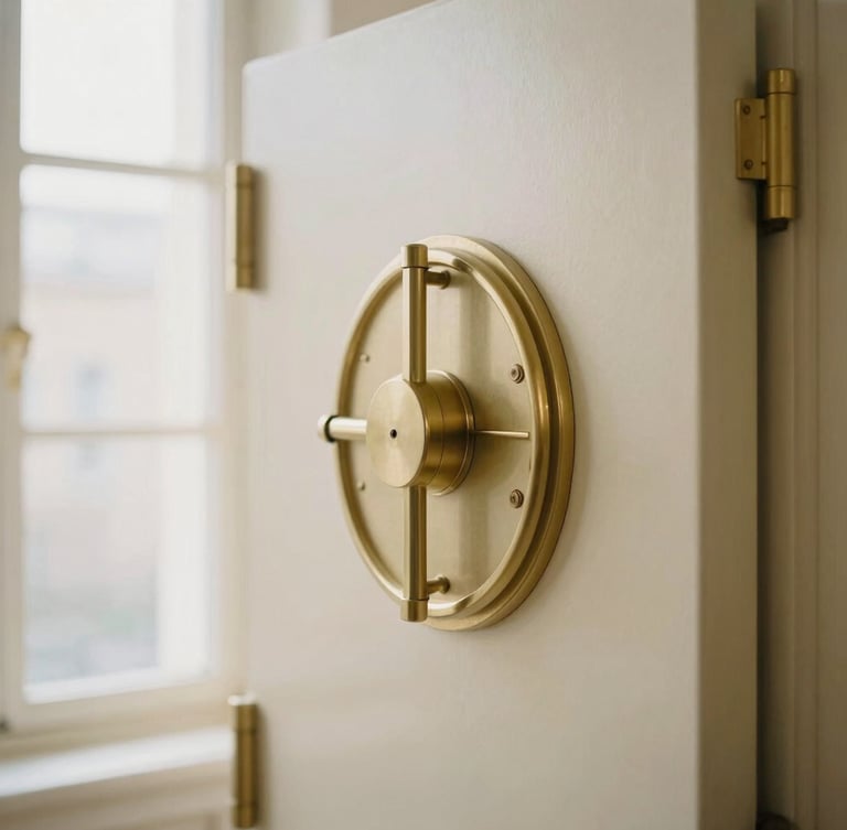 Architectural detail of a secure vault, warm editorial photography, soft natural window light, muted cream and gold tones, shallow depth of field, 35mm