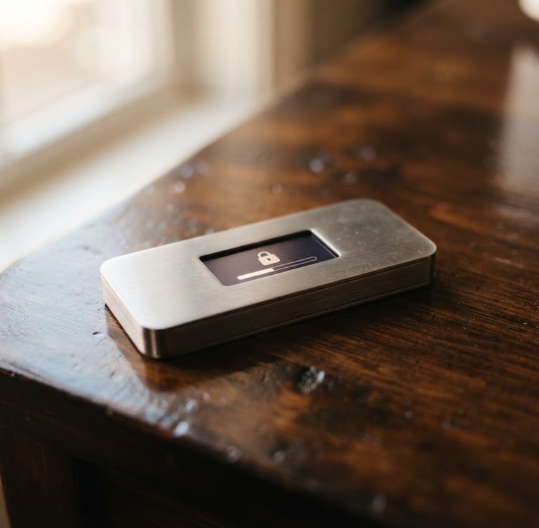 Close-up of a brushed metal hardware wallet, its screen subtly glowing, resting on a polished dark wood surface under soft window light. Shallow depth of field.