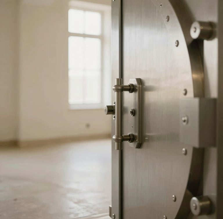 Architectural detail of a secure vault door, heavy brushed metal with precise locking mechanisms, bathed in soft, diffused light. Wide, quiet space.