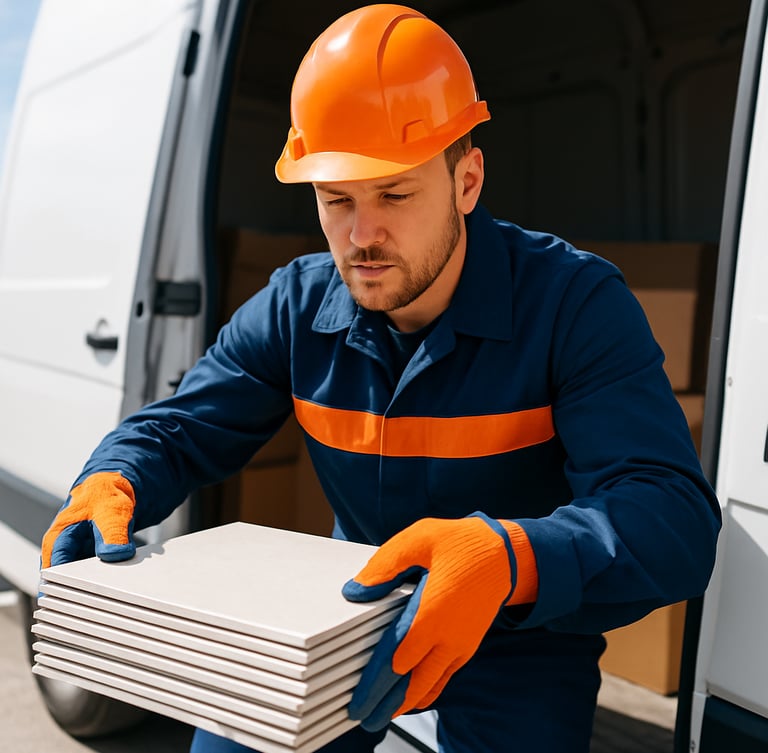 Close-up of a professional worker in clean uniform unloading high-quality ceramic tiles from a delivery vehicle, bright daylight, sharp focus